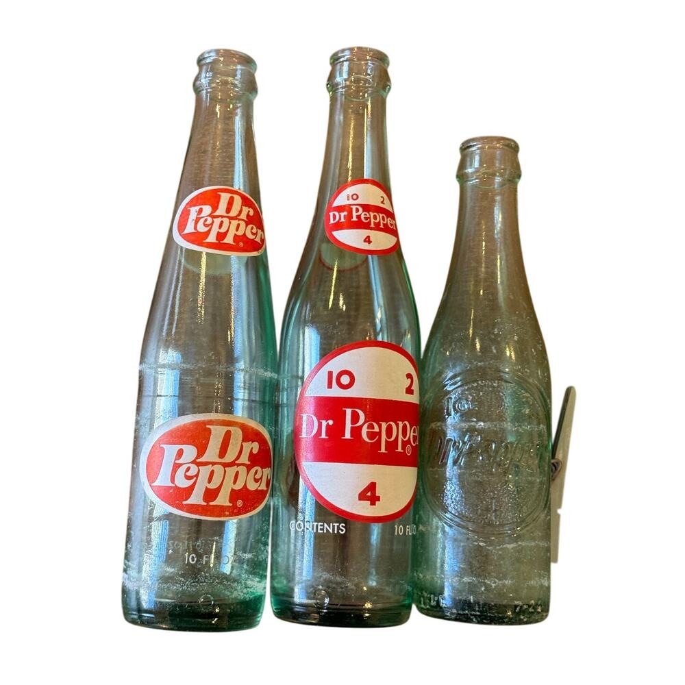 Vintage Dr. Pepper Glass Bottles Set of 3 Collectible